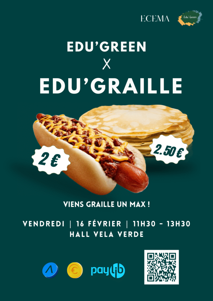 Edu'green x Edu'Graille. Flyer de vente de hot dog et pancake en collaboration avec Edu'Green.